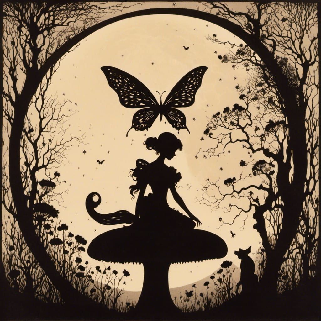 Fairy Silhouette on Mushroom Under Crescent Moon