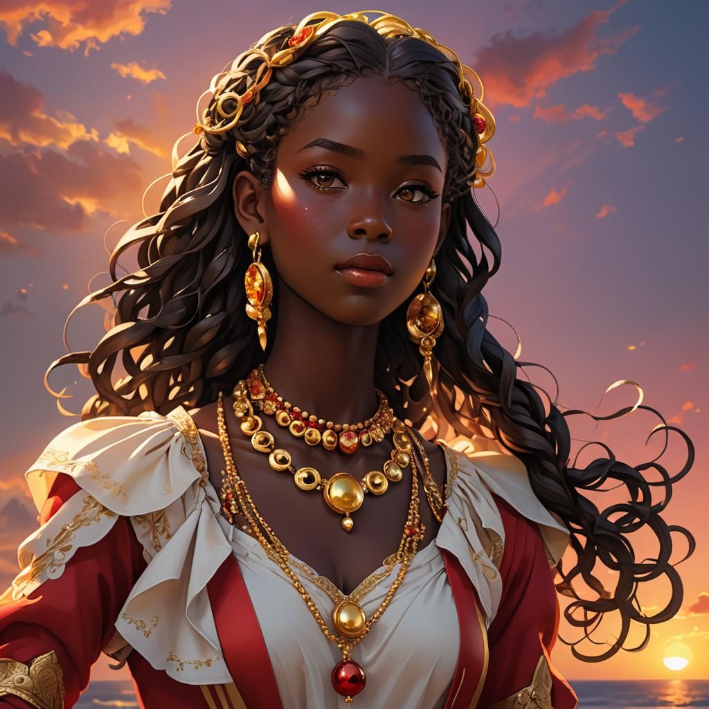 Anime Portrait of African Girl in Sunset