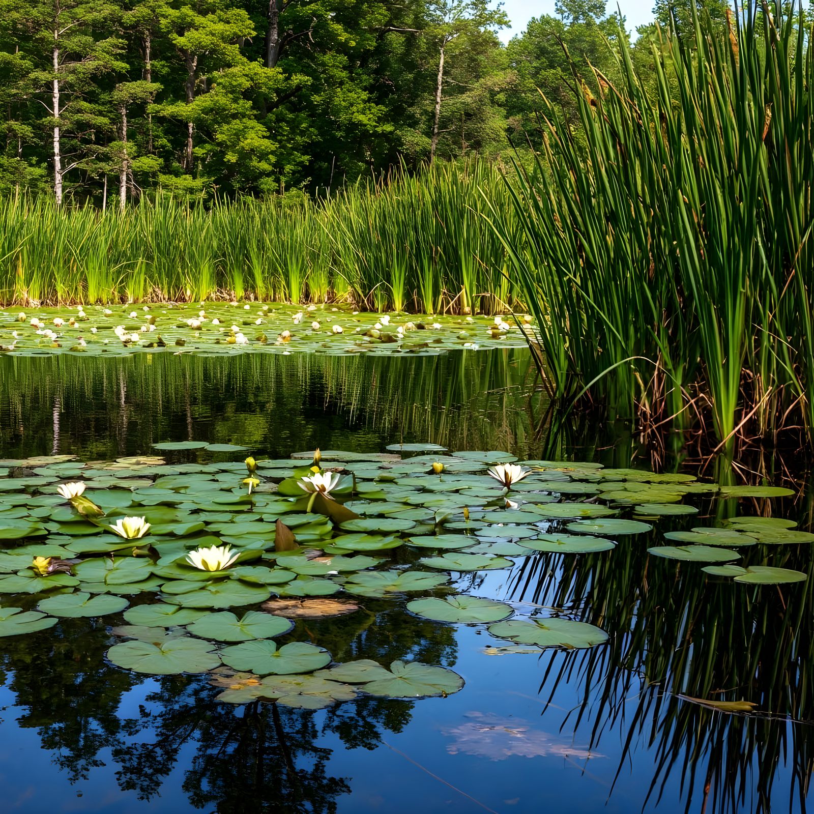 Crystal Clear Swamp Reflection with Water Lilies