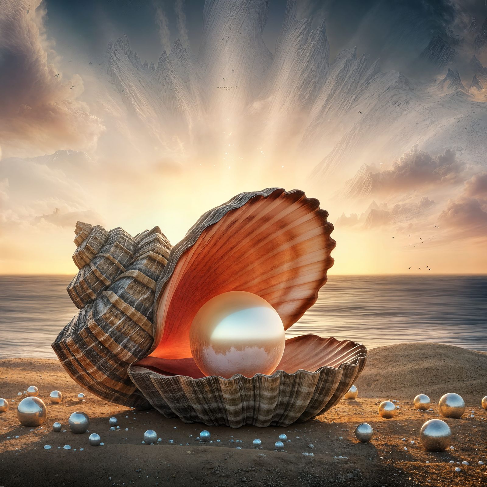 Seashell with Pearl at Sunset: Photorealistic Painting