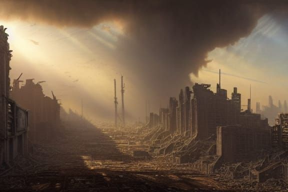 Post-Apocalyptic Cityscape with Sleeping Kitten