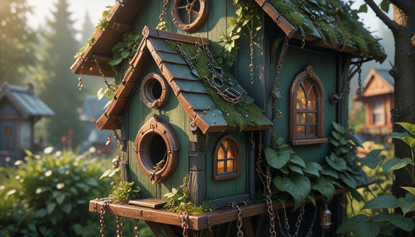 Whimsical Birdhouse Watercolor with Steampunk Elements