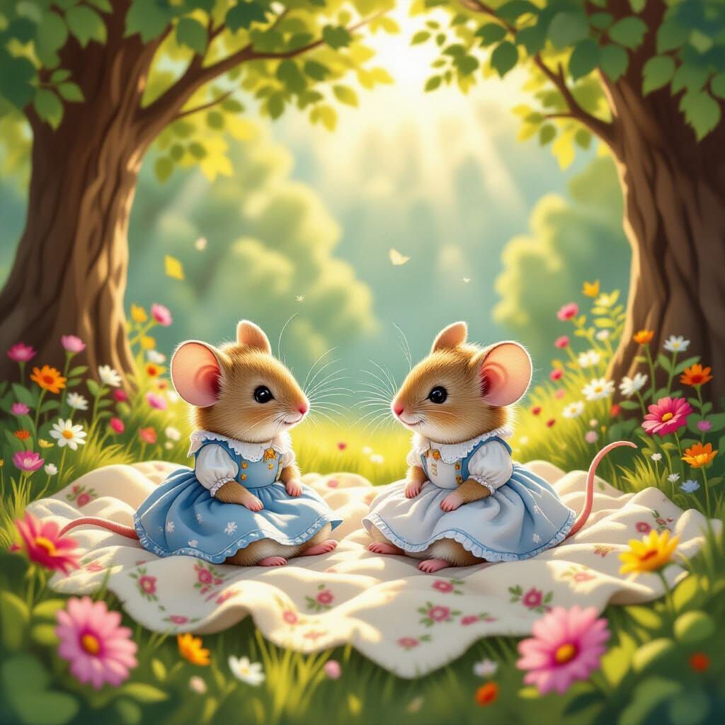 Victorian Mice Picnic in a Whimsical Garden