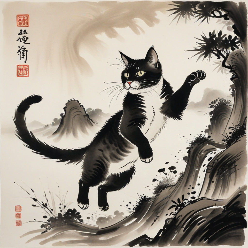 Elegant Feline in Motion, Traditional Ink Wash Style