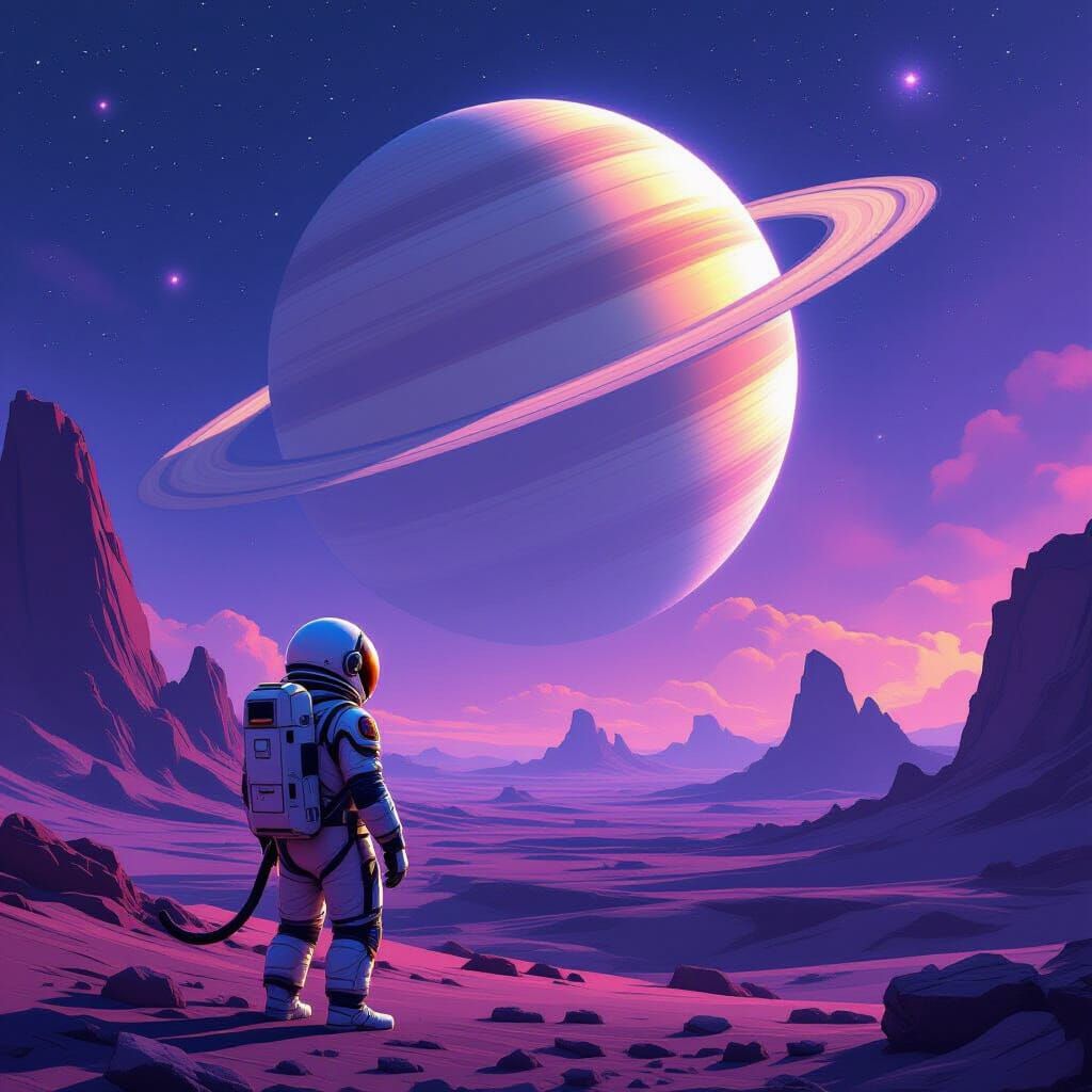 Monkey Astronaut Gazes at Ringed Planet on Alien World