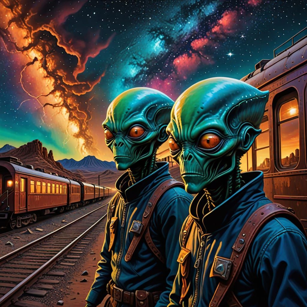 Abstract Aliens Rob Wild West Train in Desert