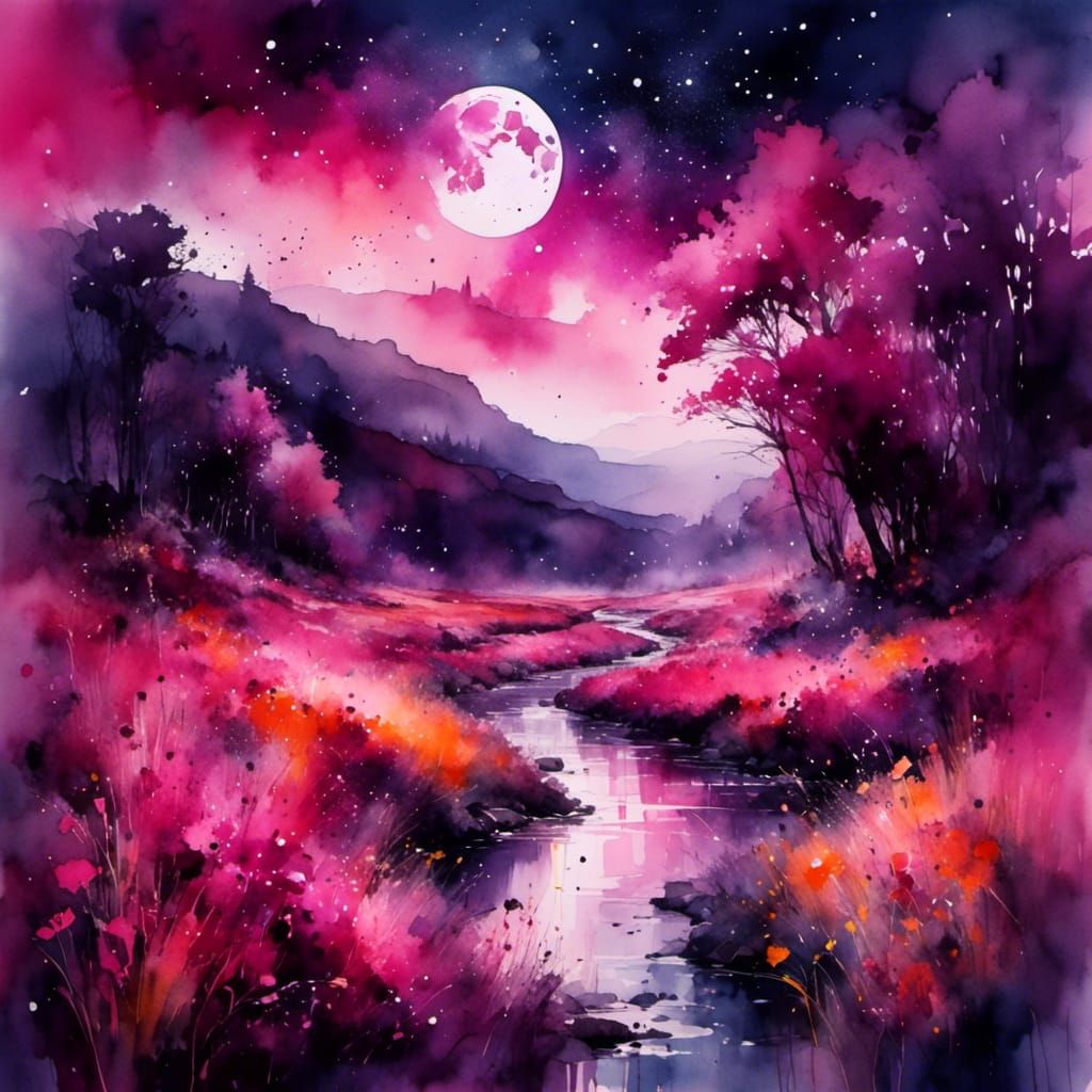 Magenta Summerscape Under Dark Sky: Watercolor Illustration