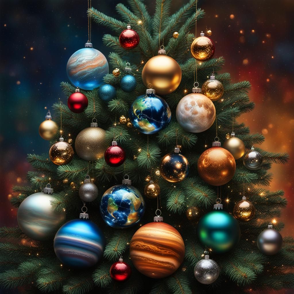 Planetary Christmas Tree: Hyperrealistic Splash Art