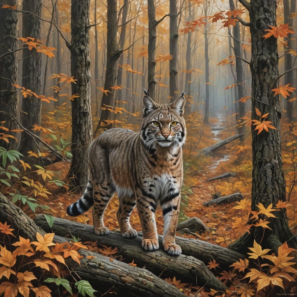 Bobcat in Fall Forest: Oil Painting