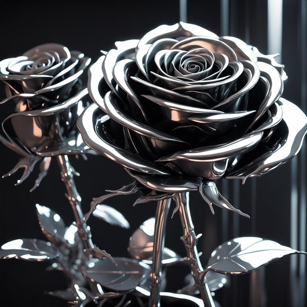 Futuristic Silver Roses in Glossy Black Vase