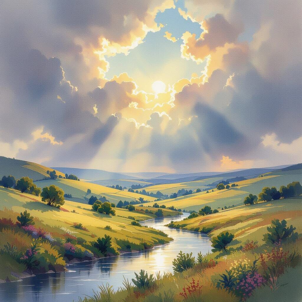 Vibrant Watercolor Landscape Painting with Flowing Lines