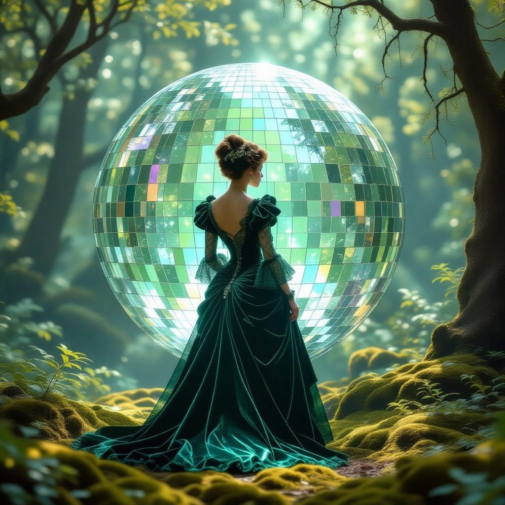 Victorian Lady in Enchanted Forest with Mirror Ball