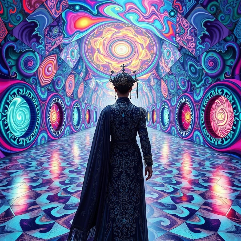Mystical Figure Stands Before Portal Labyrinth in Vibrant Ne...