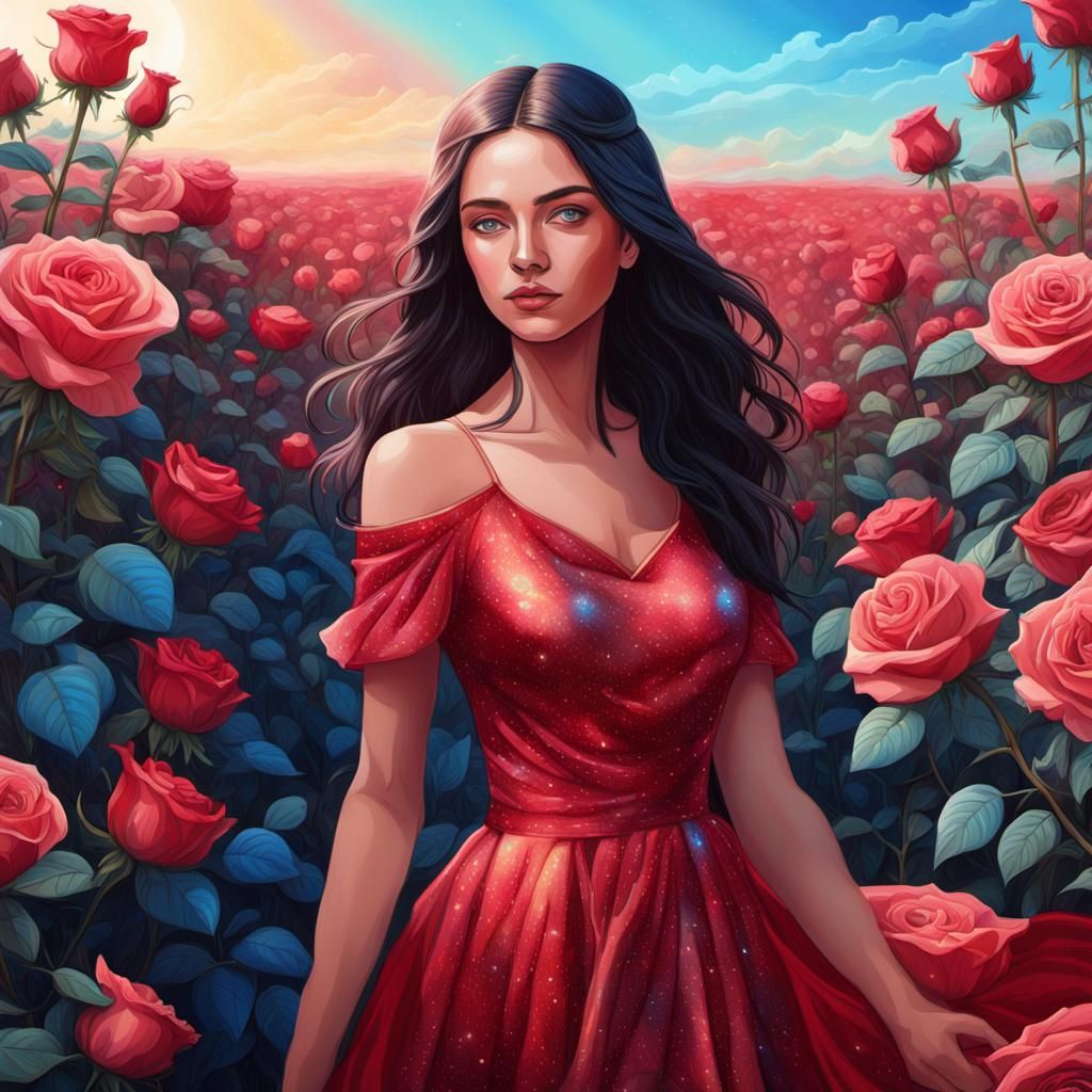 Rose Field Woman: Holographic Astral Cosmic Illustration