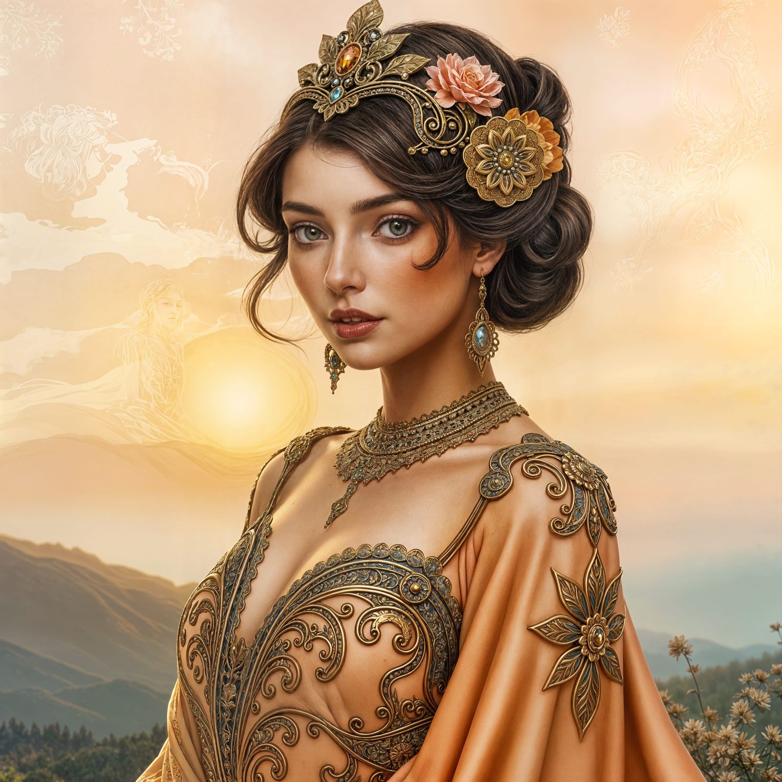 Elegant Woman in Art Nouveau Style Line Art