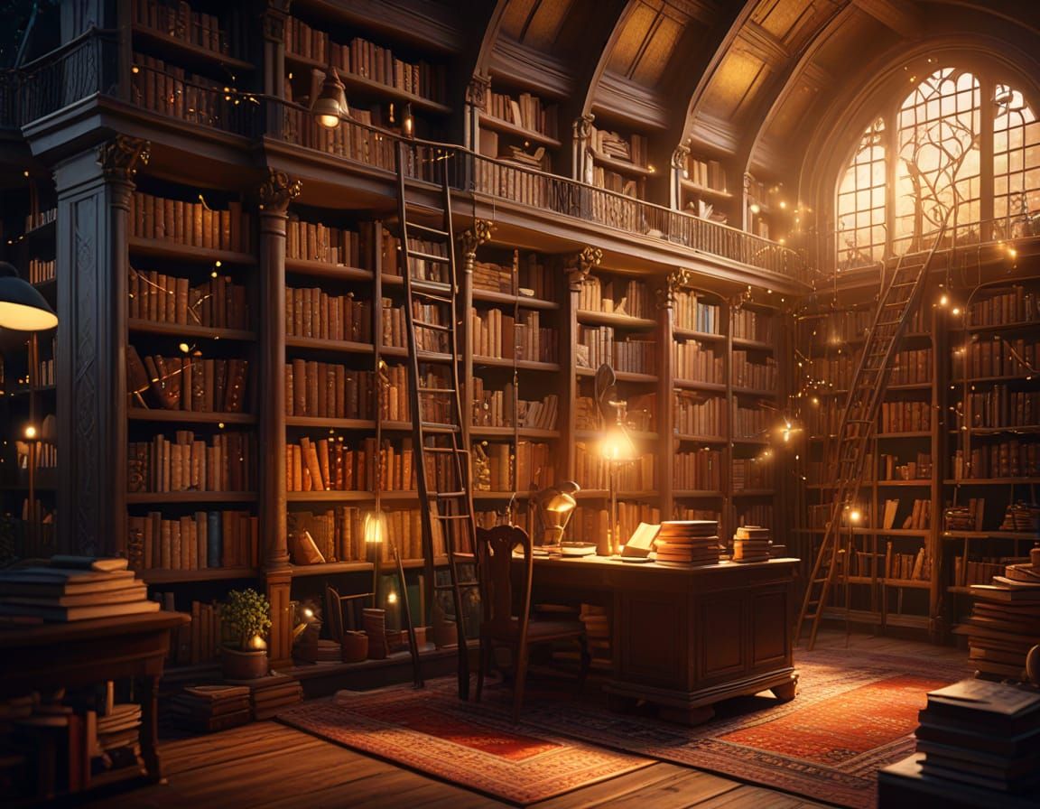 Mystical Library with Golden Light: Fantasy Illustration