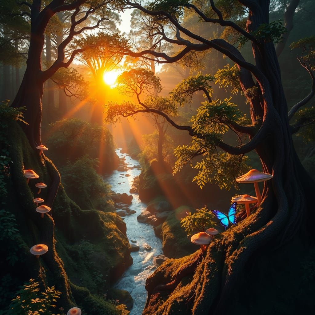 Enchanted Forest with Iridescent Mushrooms