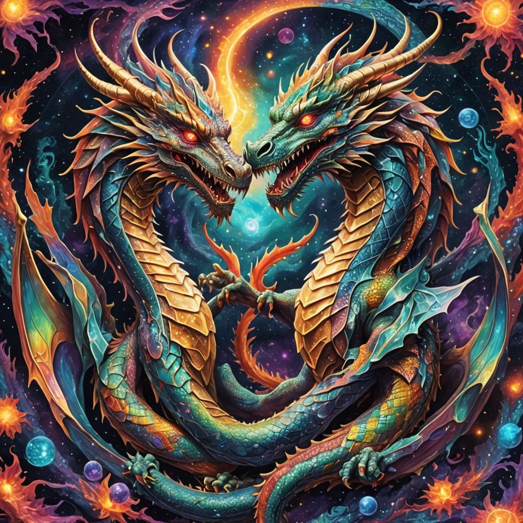 Double-Headed Dragon in Astral Cosmic Illustration