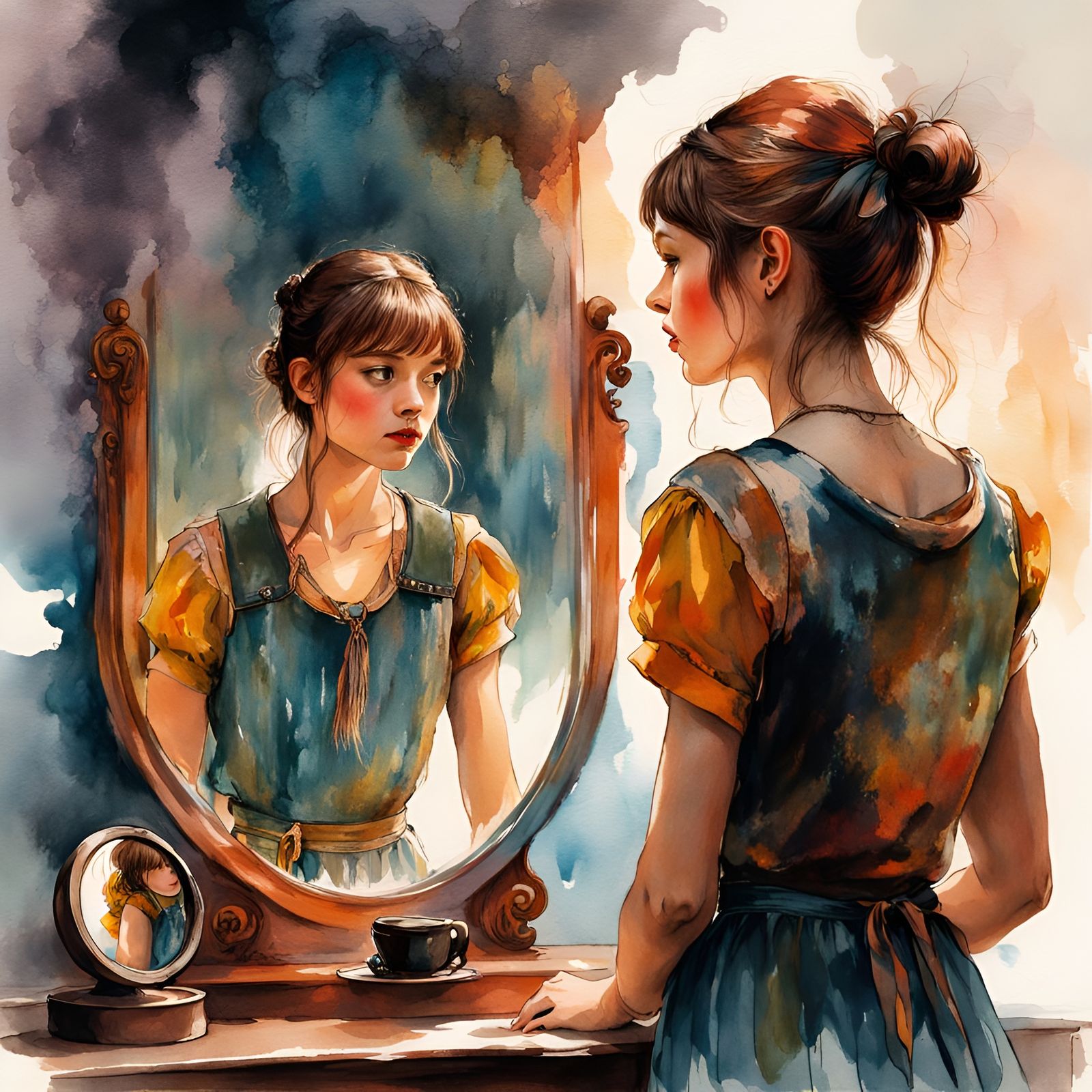Girl and Mirror in Pre-Raphaelite Watercolor Style