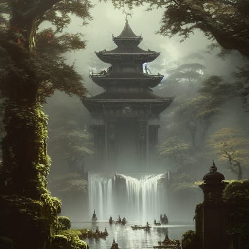 Lush Temple Gardens with Waterfalls in Dark Fantasy