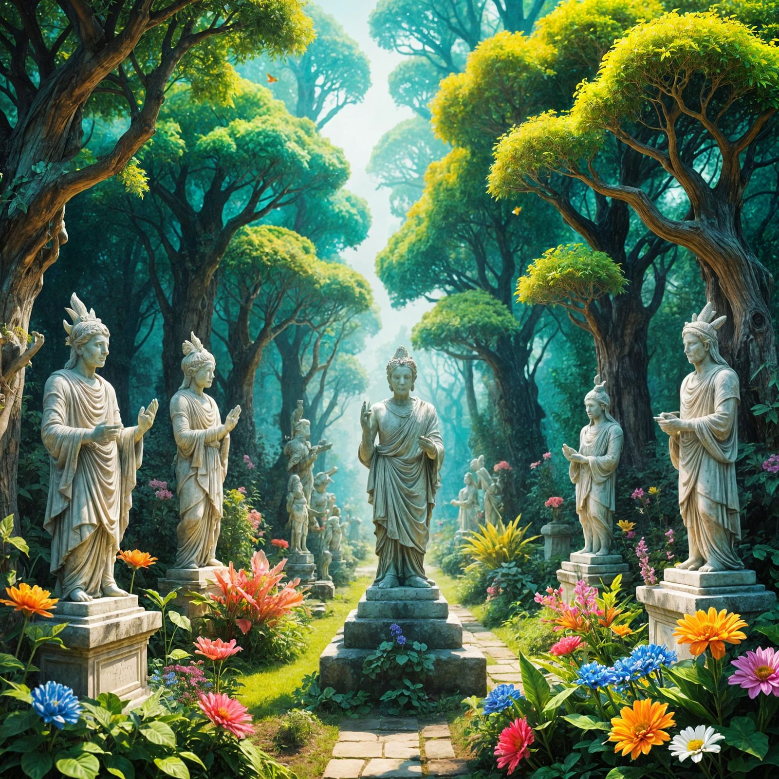 Surreal Garden of Ancient Statues in Vibrant Bloom