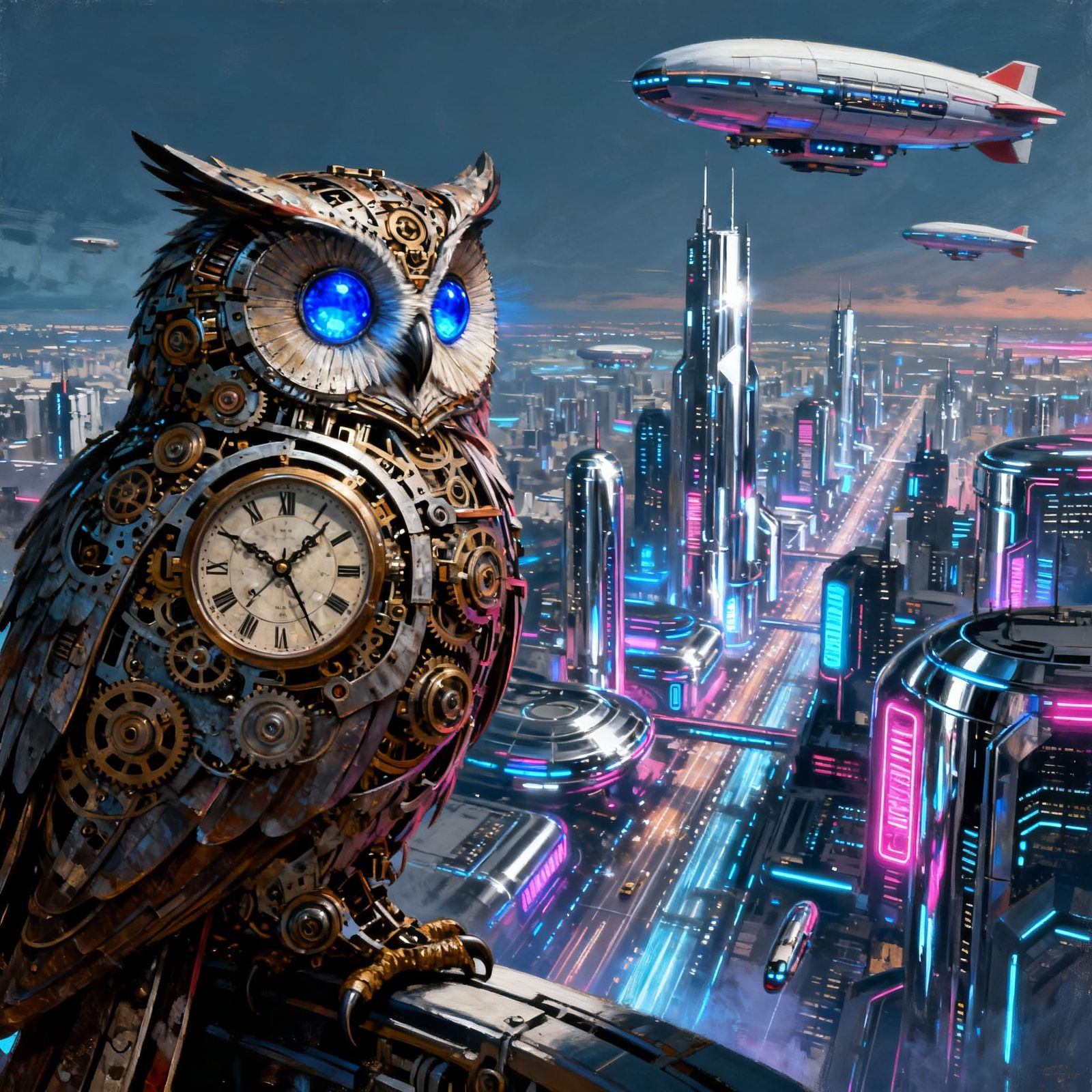 Clockwork Owl Over Futuristic Neon City
