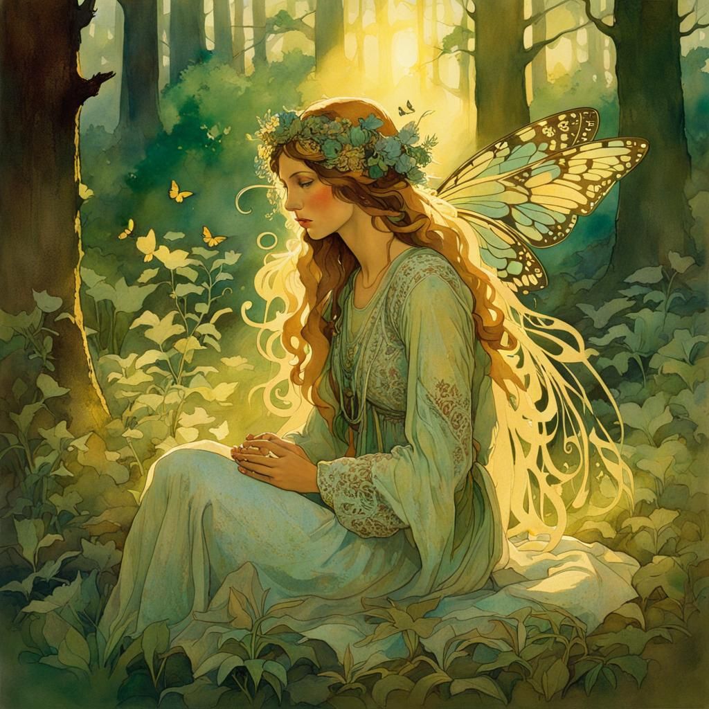 Forest Spirit with Plants and Butterflies in Art Nouveau