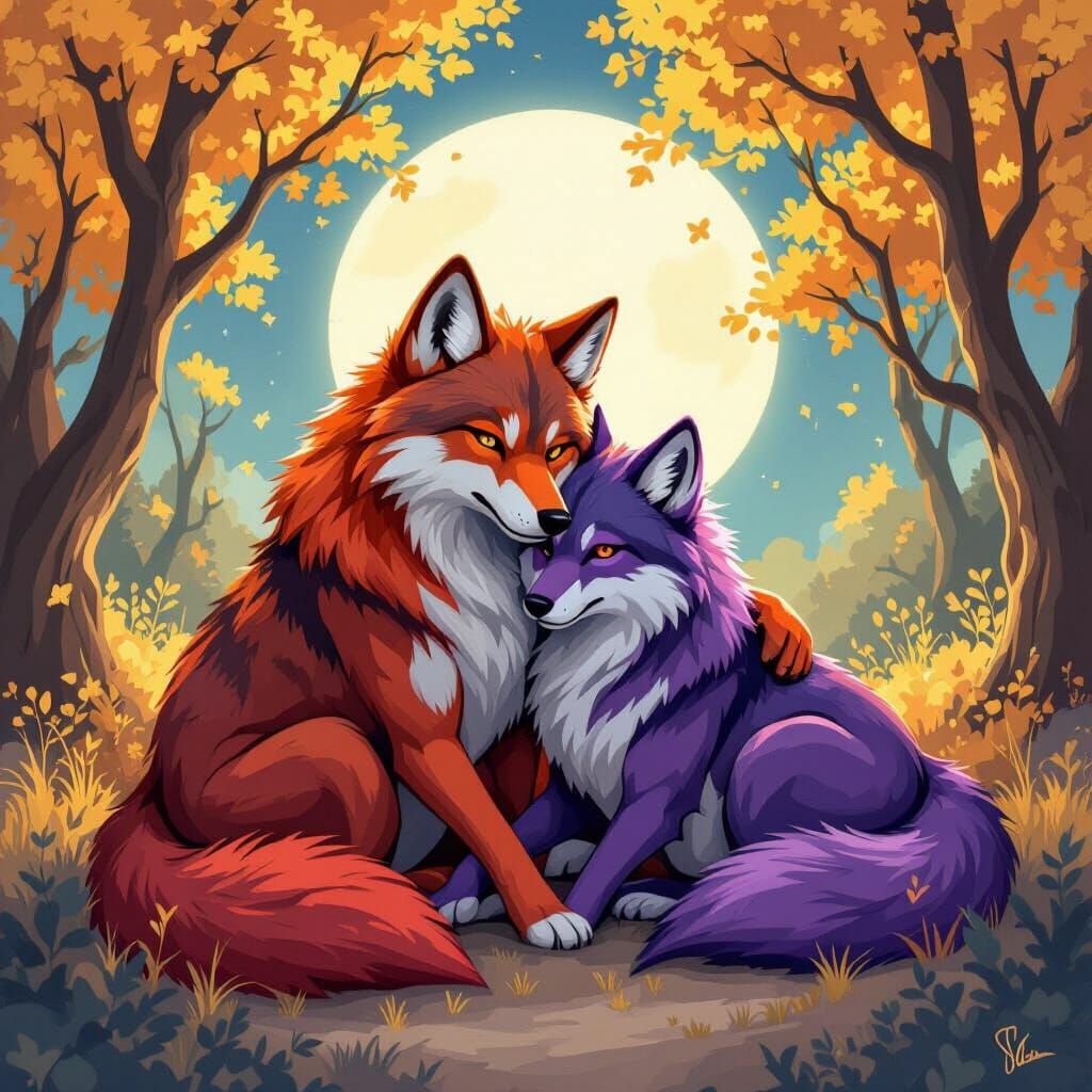 Wolves Cuddle in Golden Forest: Loish-Inspired Art