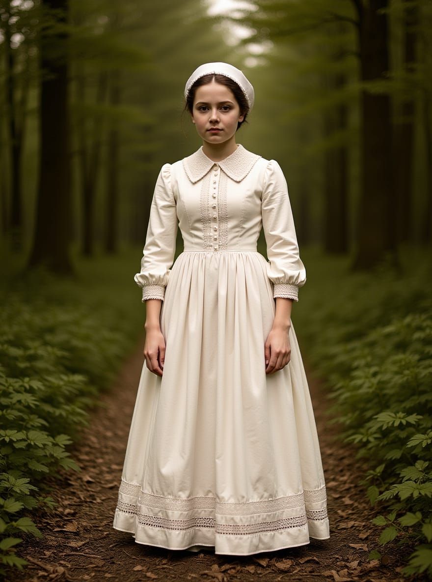 Victorian Girl in Serene Boston Forest Landscape