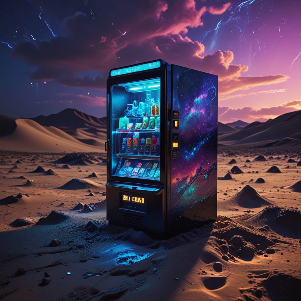 Surreal Futuristic Vending Machine Glows in the Desert Night
