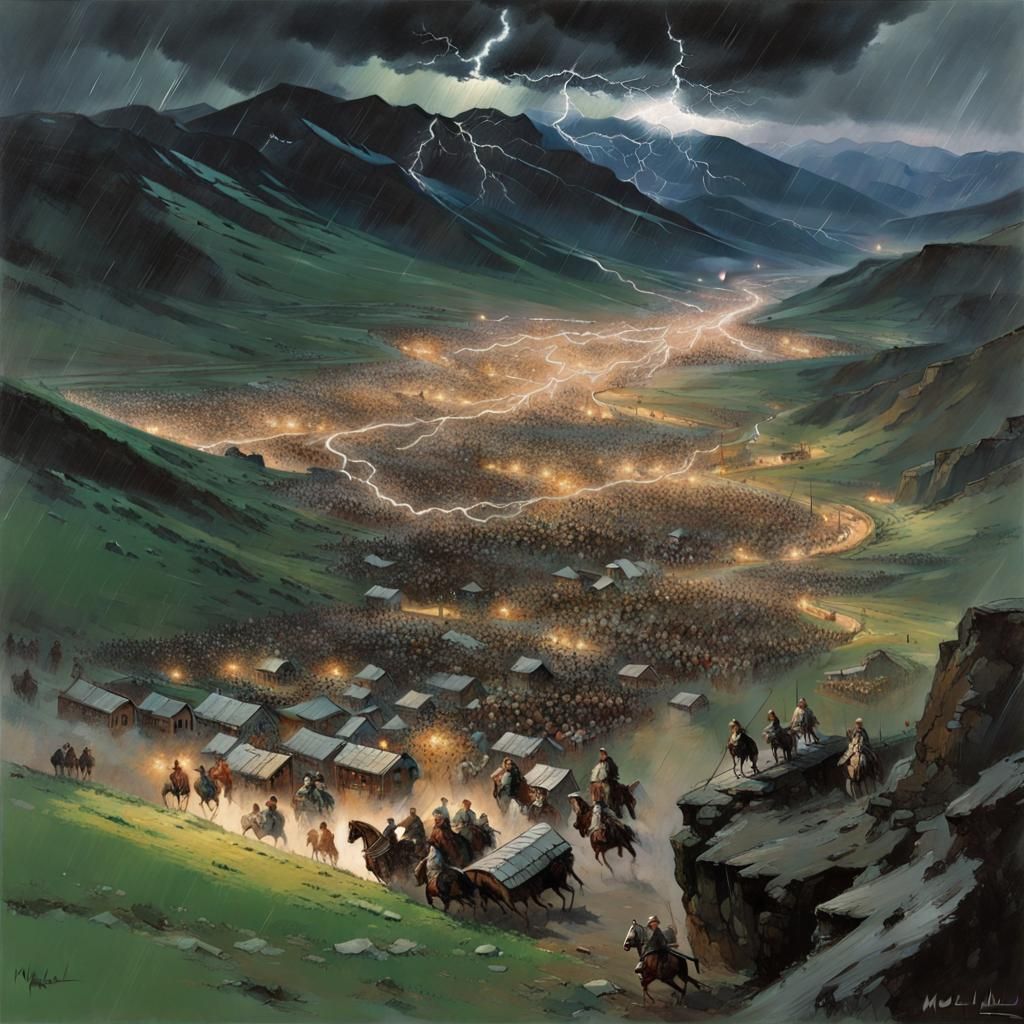 Mongol Horde in Highlands Under Stormy Skies