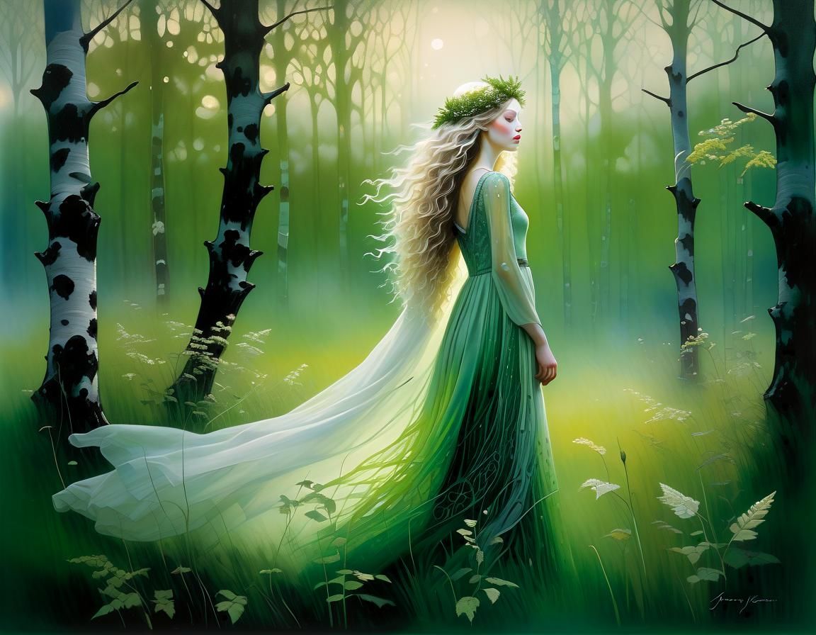 Ethereal Forest Nymph in Misty Green Meadow