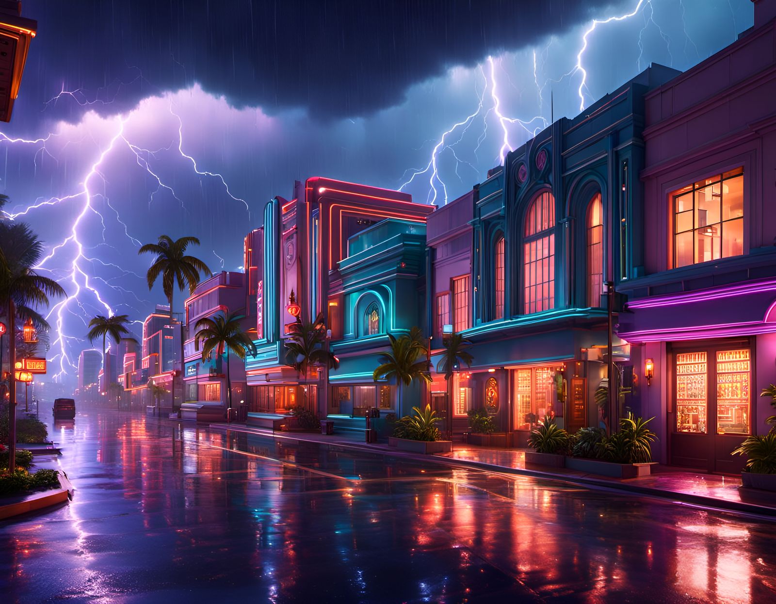 Miami Art Deco District in Rainstorm