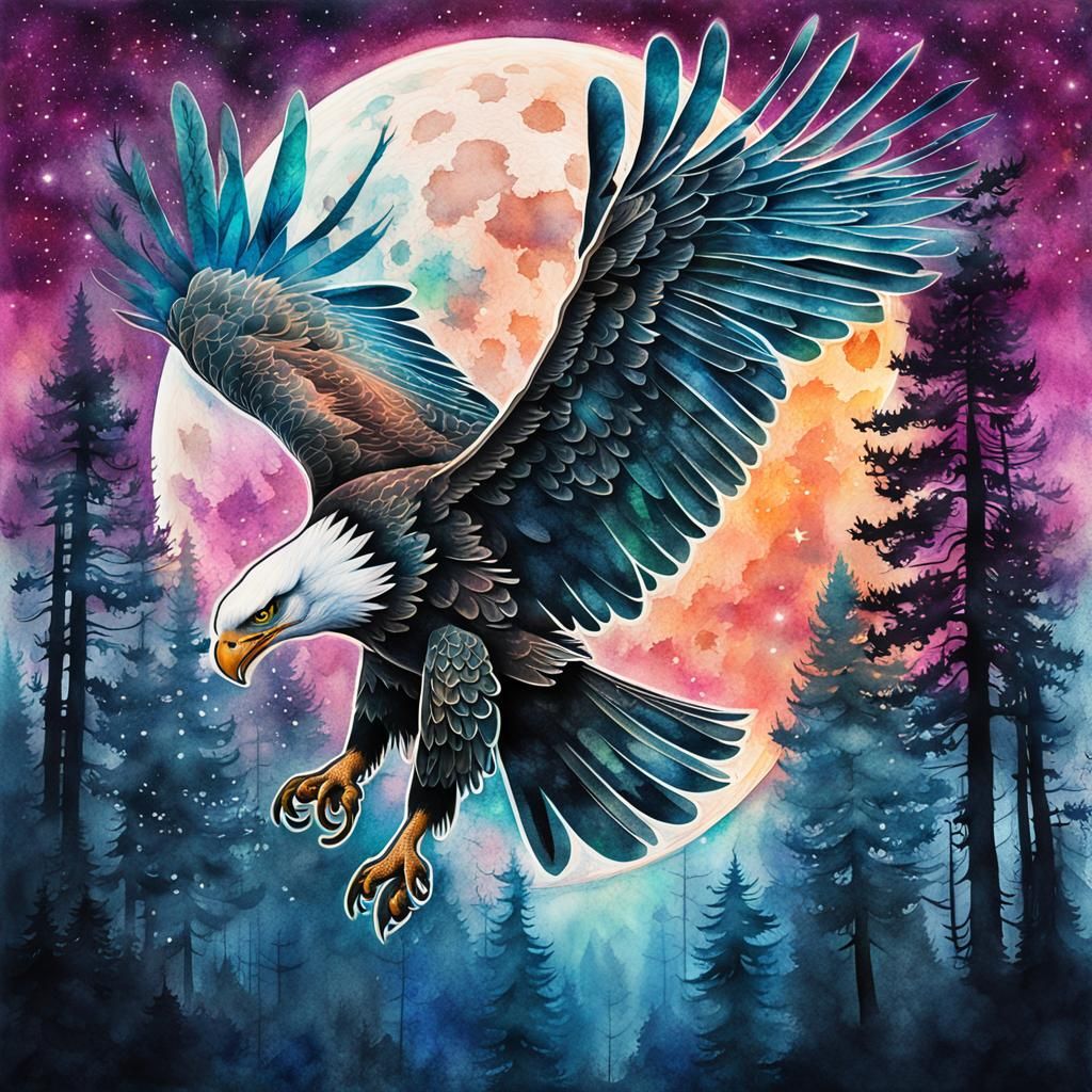 Eagle Tattoo with Forest and Moon in Watercolor Style