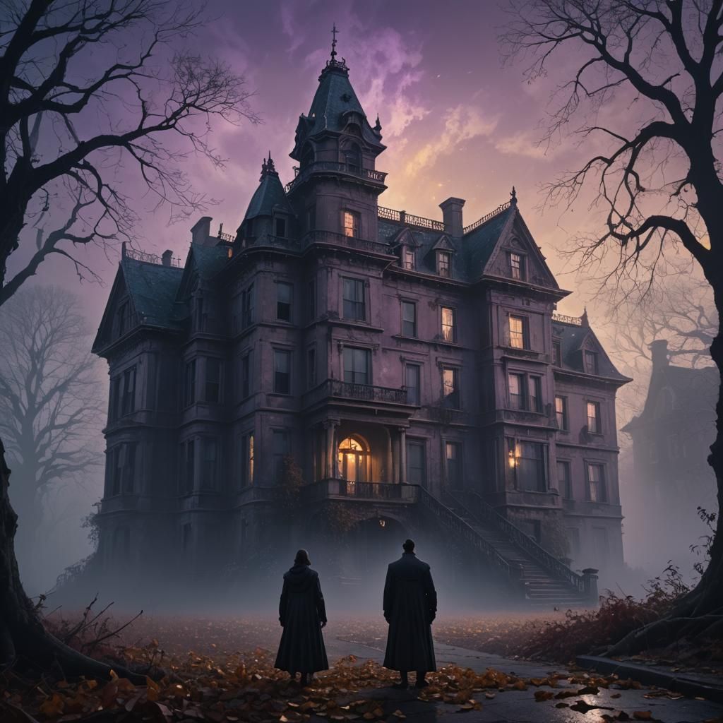 Eerie Mansion with Ghostly Figure in Dark Fantasy Style