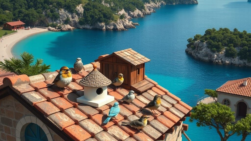Birdhouses Over Bokakotroska Bay: 3D Anime Concept Art