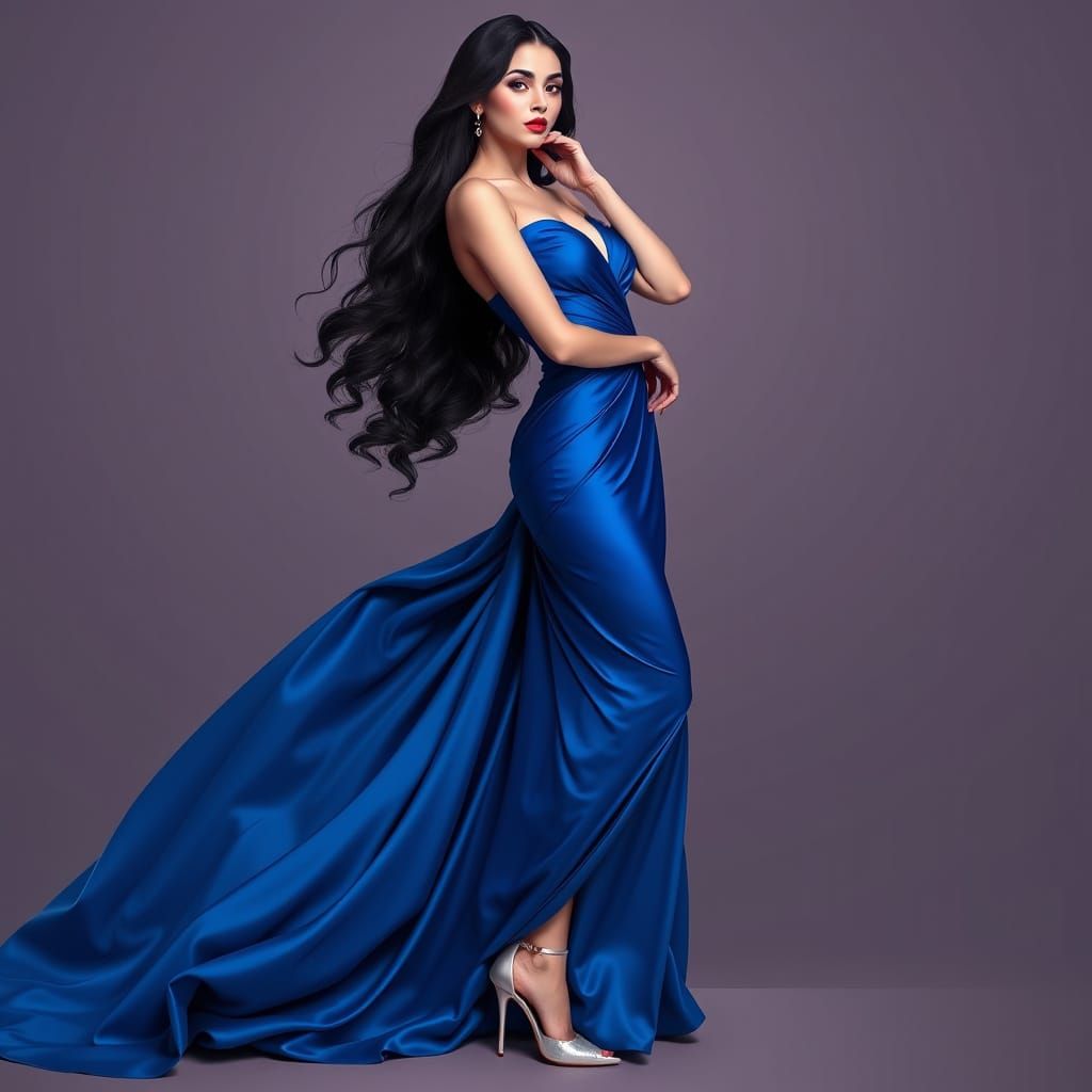 Elegant Woman in Blue Gown, Art Nouveau Style