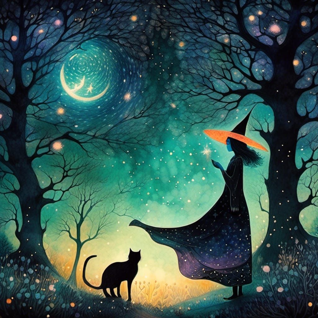 Sparkly Witch and Cat Stargazing in Starry Forest