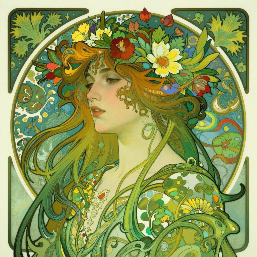 Elegant Art Nouveau Portrait in Green with Botanical Motifs