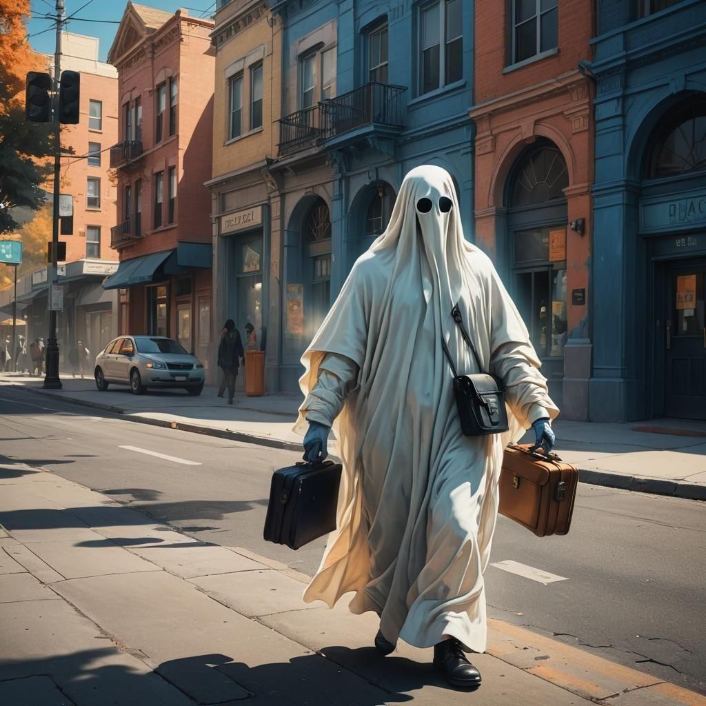 Ghostly Figure with Briefcase in Detailed Matte Painting