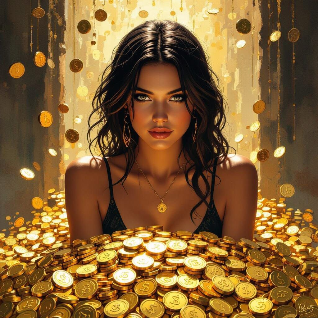 Abundant Woman Surrounded by Gold Coins