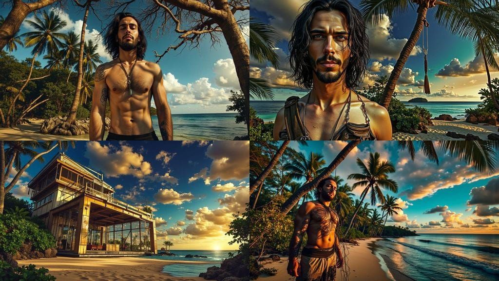 Muscular Man on Tropical Beach as Castaway