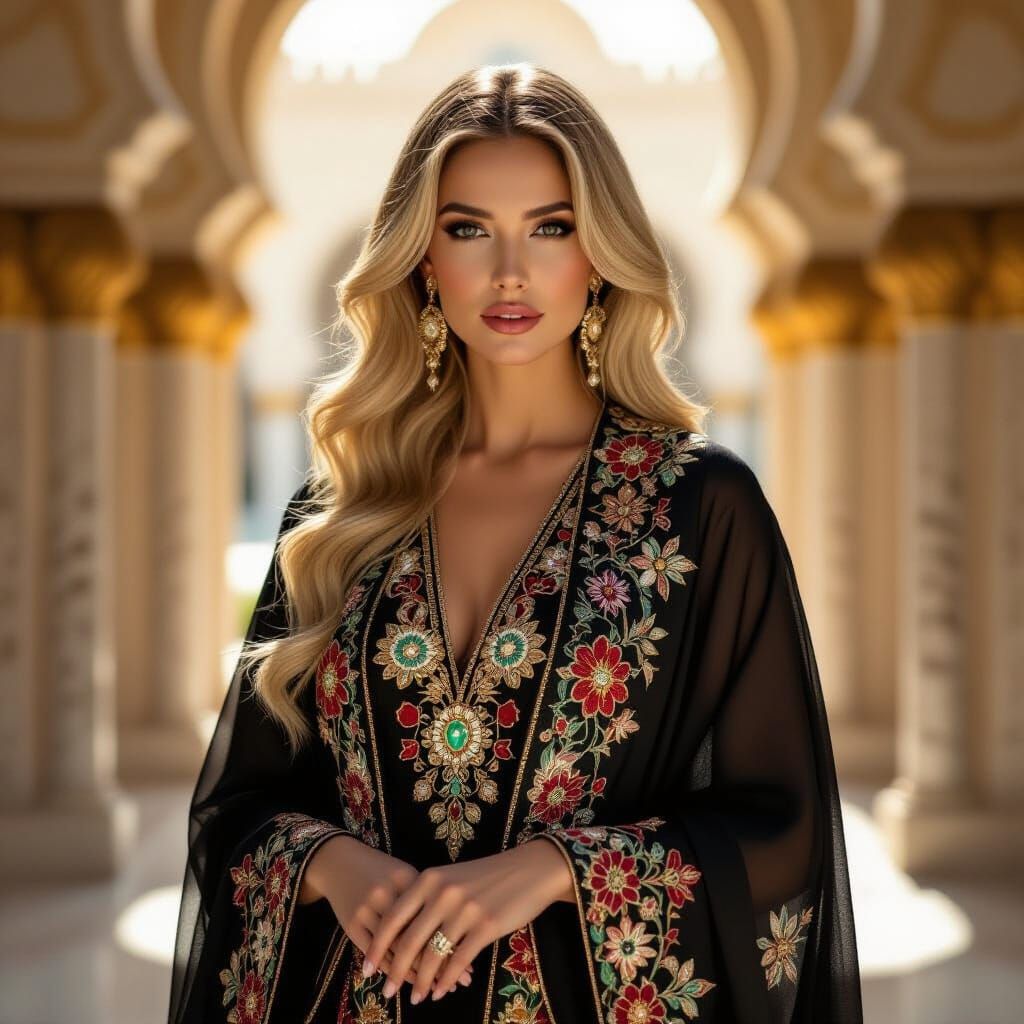 Regal Woman in Luxurious Abaya: A Surreal Portrait