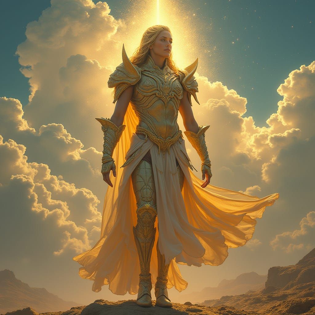 Golden Armored Deity in Celestial Cyberpunk Landscape
