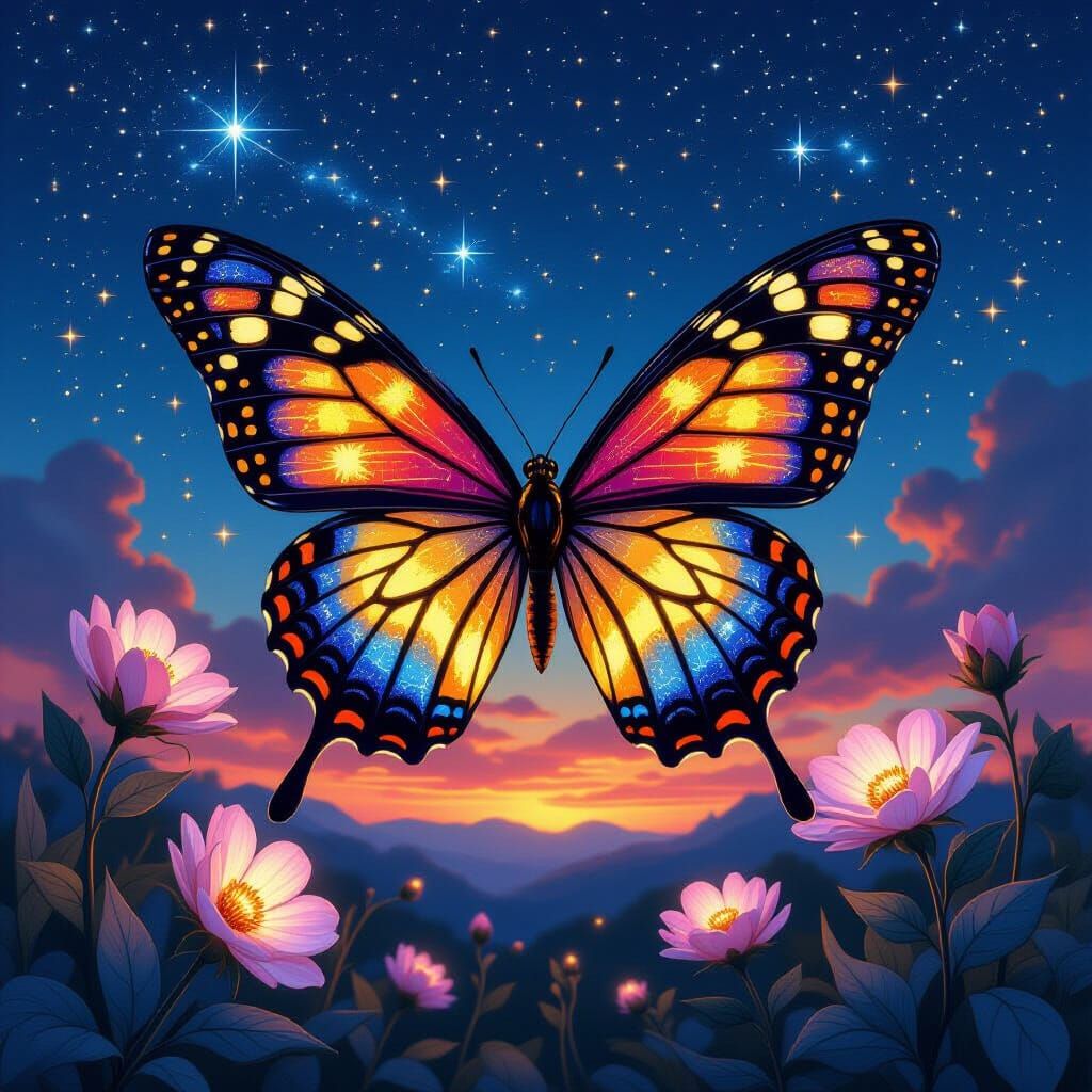 Majestic Butterfly with Stained Glass Wings and Nebula Body