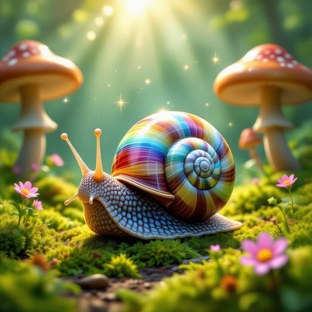 Jewel-Toned Snail in a Whimsical Forest