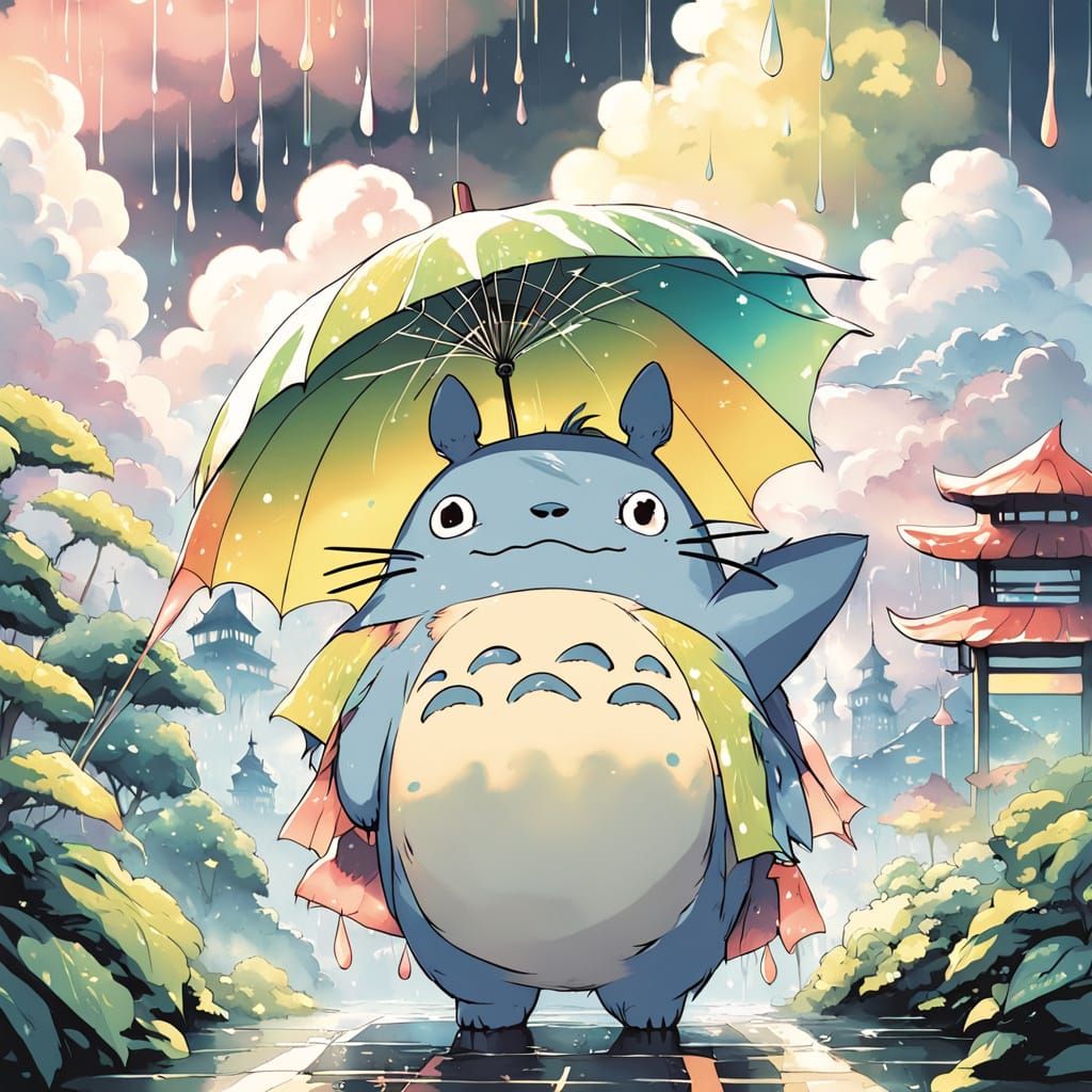 Totoro Under a Whimsical Rainy Umbrella