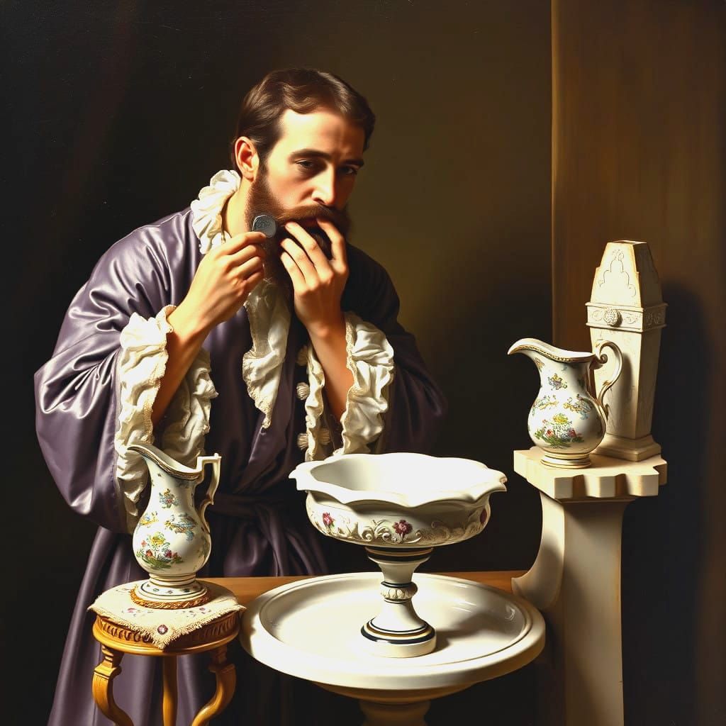 Elegant Gentleman Shaving in Lavish 1700s Bath Scene