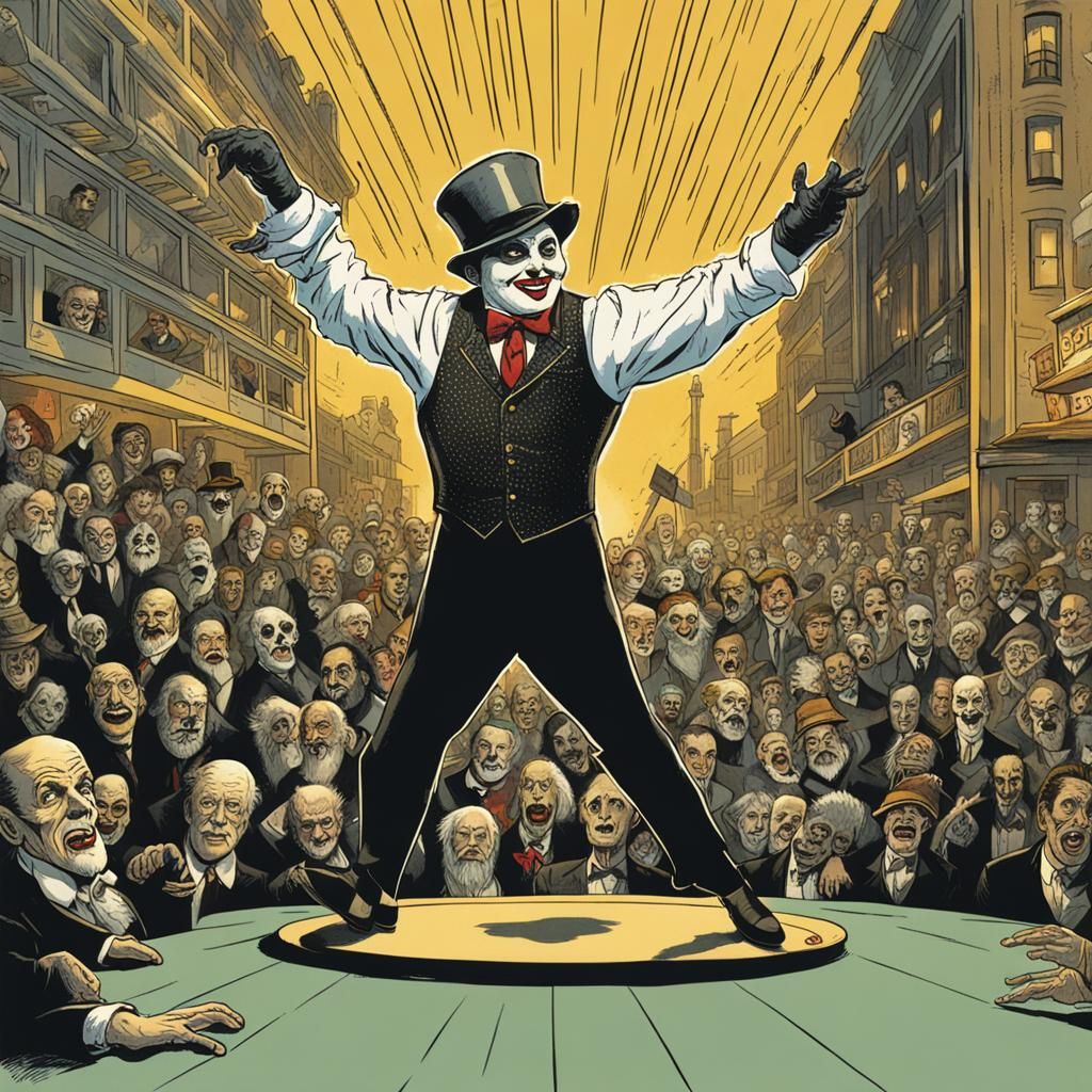 A vaudevillian comic performing a tap dance