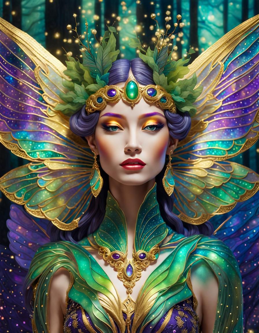 Flying Fairy with Iridescent Wings in Glowing Forest